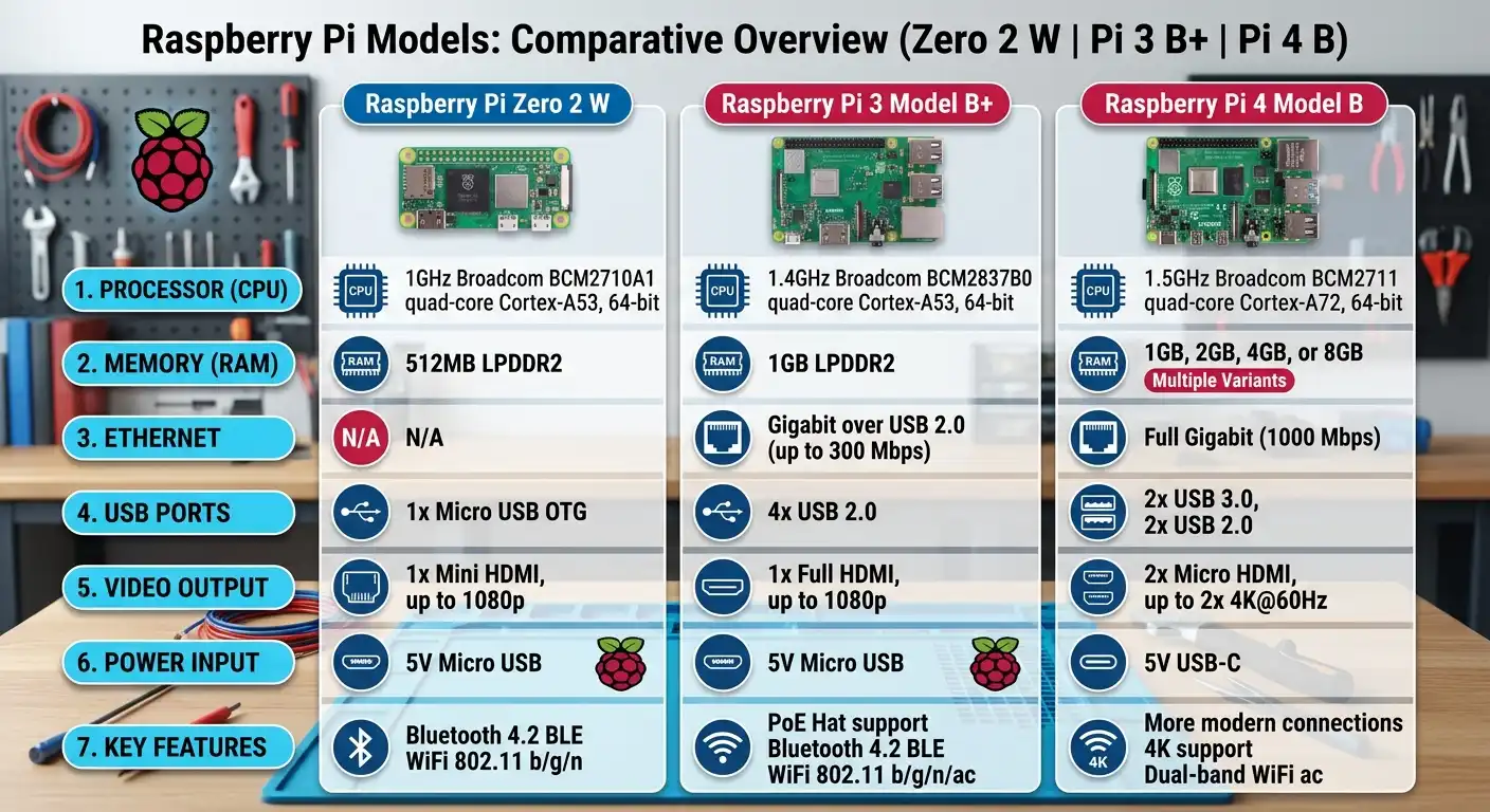 Comparison graphic of different Raspberry Pi models — Zero 2 W, Pi 3, Pi 4