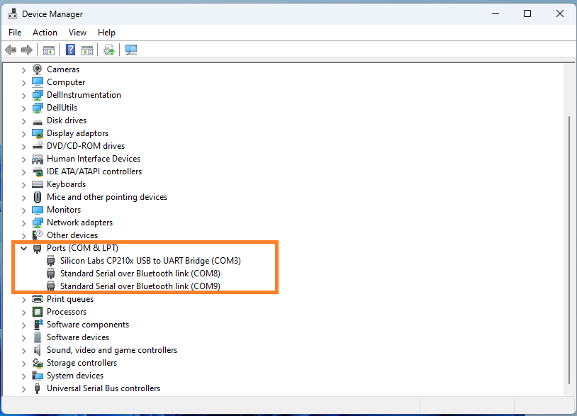 Windows Device Manager with Ports section expanded