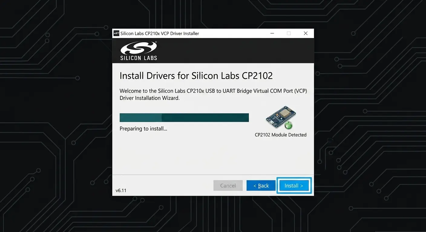 CP2102 driver installer screen on Windows