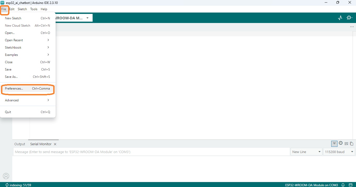 Arduino IDE File menu with Preferences highlighted