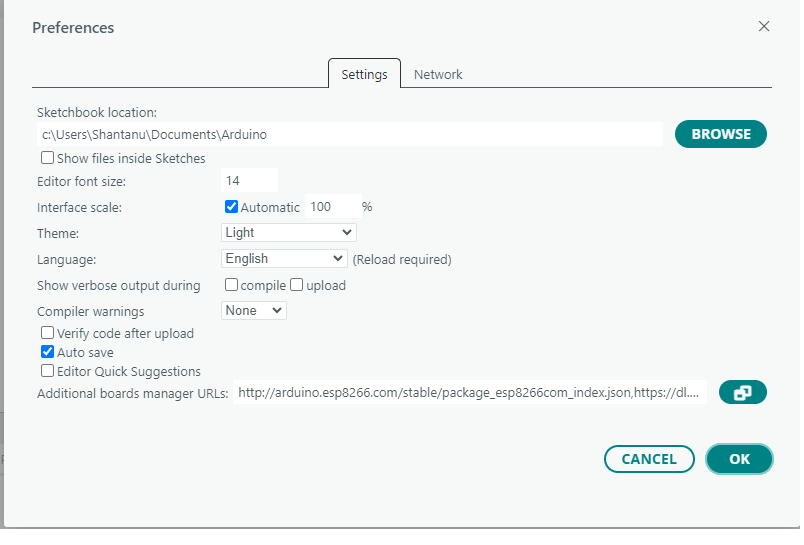 Arduino IDE Preferences window with the ESP8266 boards manager URL pasted in