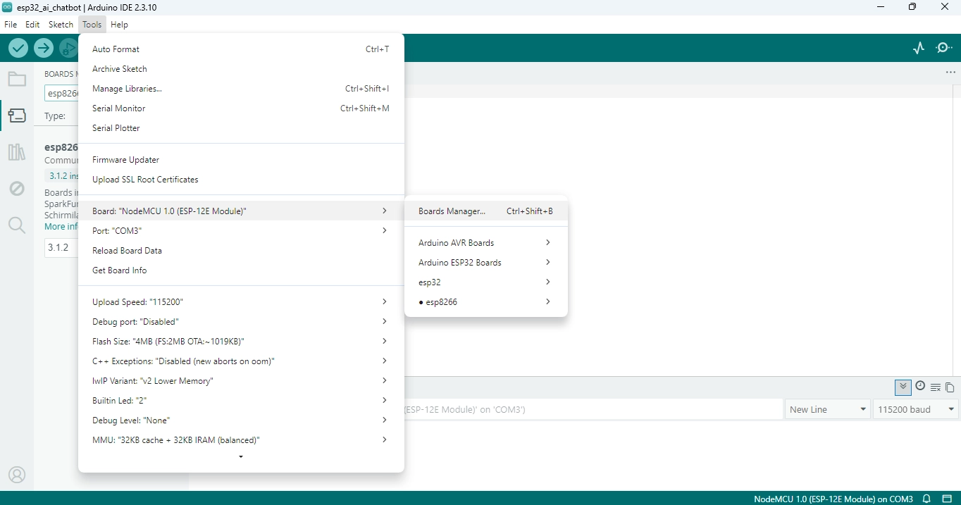 Arduino IDE Tools menu showing Boards Manager option