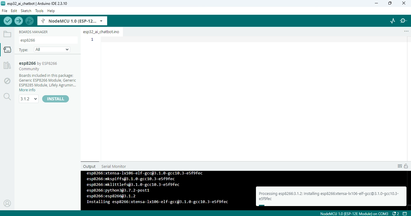 ESP8266 board package showing installed status in Boards Manager