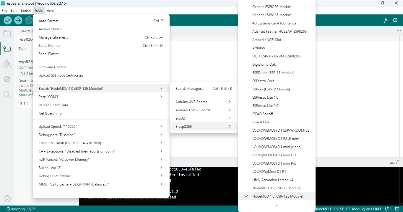 Arduino IDE board selection menu with NodeMCU 1.0 ESP-12E Module highlighted