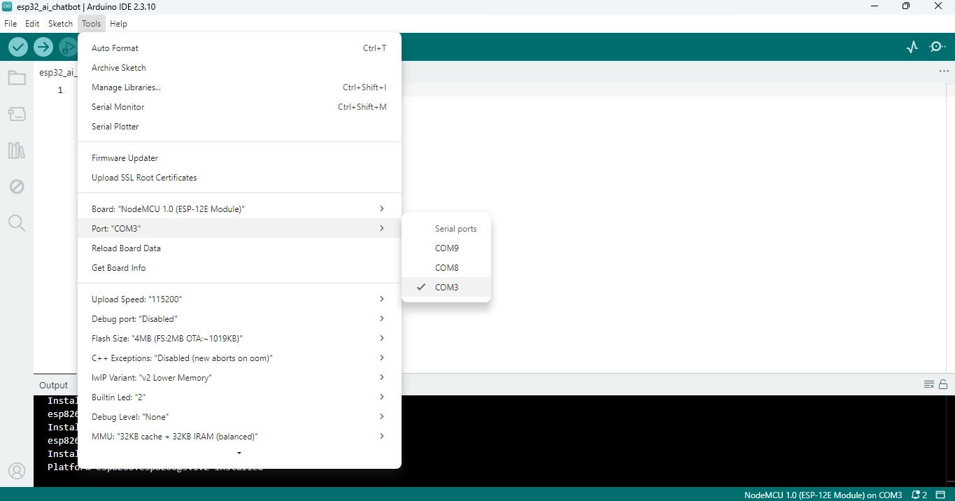 Arduino IDE Tools menu Port submenu showing COM port selection