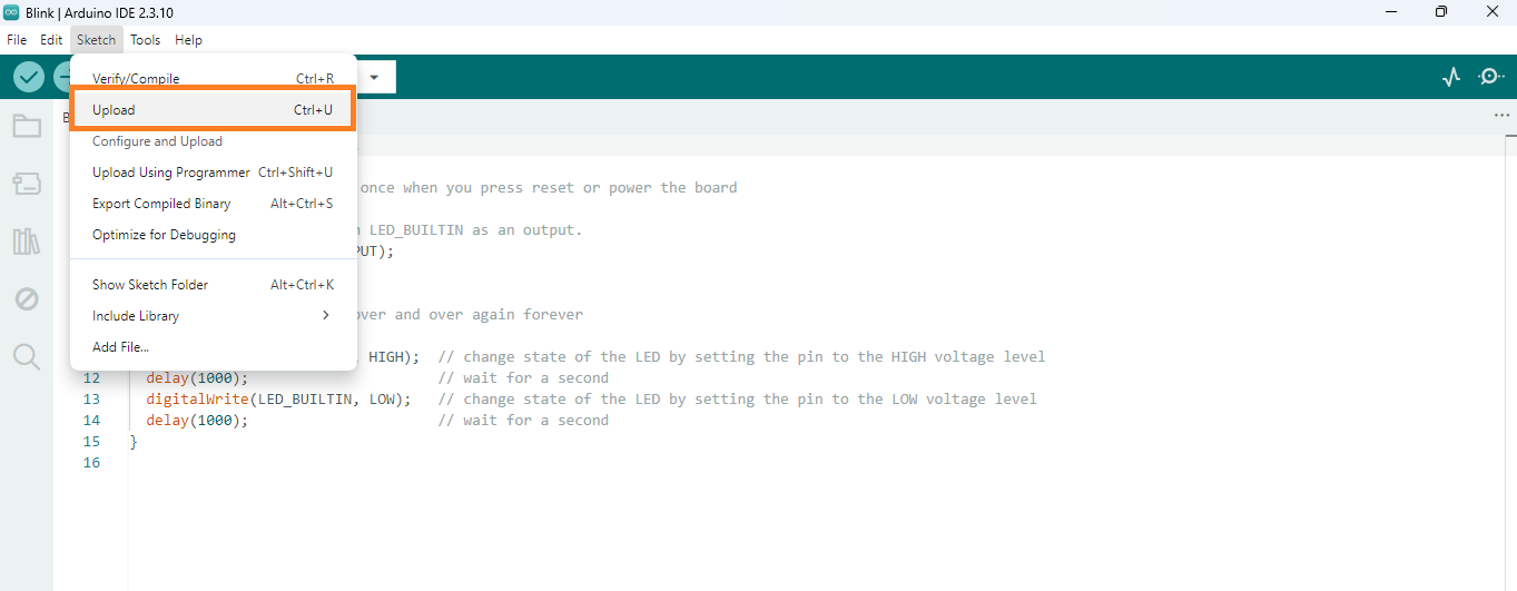 Arduino IDE upload button highlighted