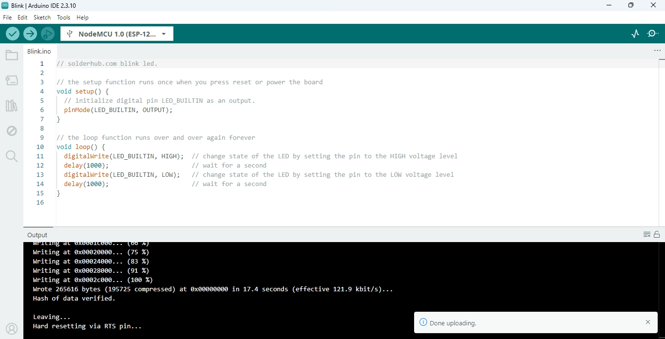 Arduino IDE console showing successful upload with Hard resetting via RTS pin message