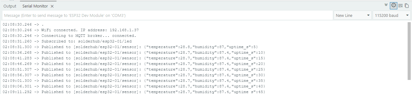 Serial monitor output showing ESP32 connecting to WiFi, MQTT broker, and publishing sensor JSON