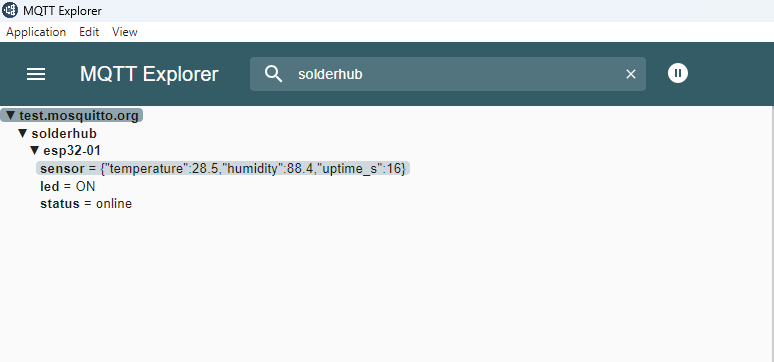 MQTT Explorer app showing live topic tree with sensor data and LED control topic