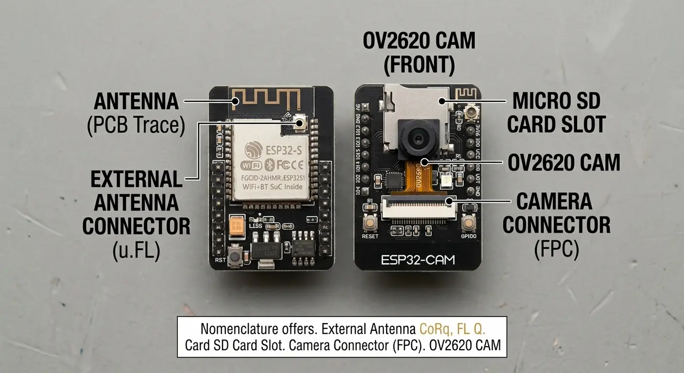 AI-Thinker ESP32-CAM module showing the OV2640 camera, microSD slot, and antenna