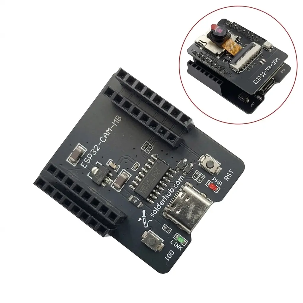 ESP32-CAM module clipped into an ESP32-CAM-MB programmer baseboard, connected via USB