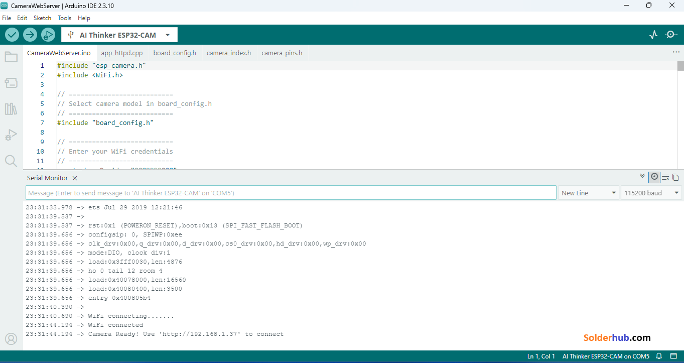 Serial monitor showing the ESP32-CAM boot log and assigned IP address after a successful flash