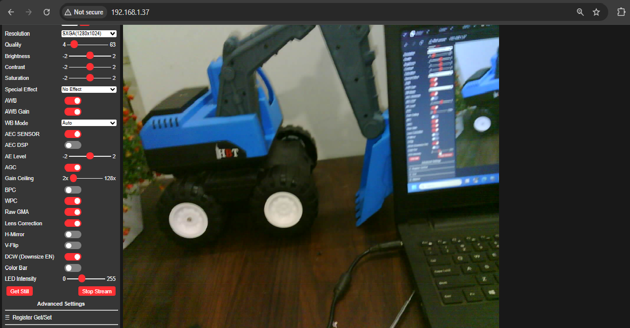Browser window showing the live MJPEG video stream from the ESP32-CAM's built-in web page