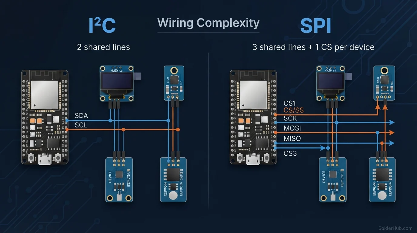 Wiring compared: I2C shares two lines across every device, while SPI needs three shared lines plus one chip-select per device