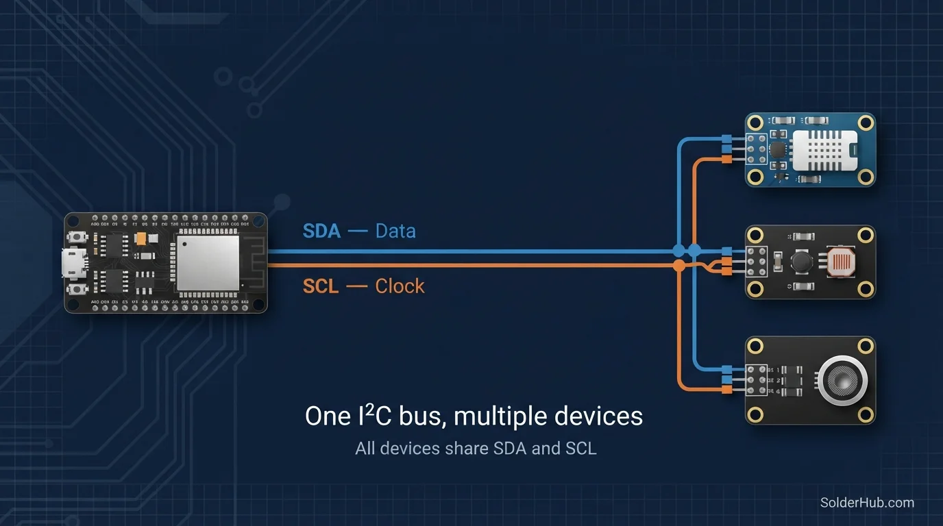 An I2C bus: one microcontroller and three sensors sharing the same SDA and SCL lines