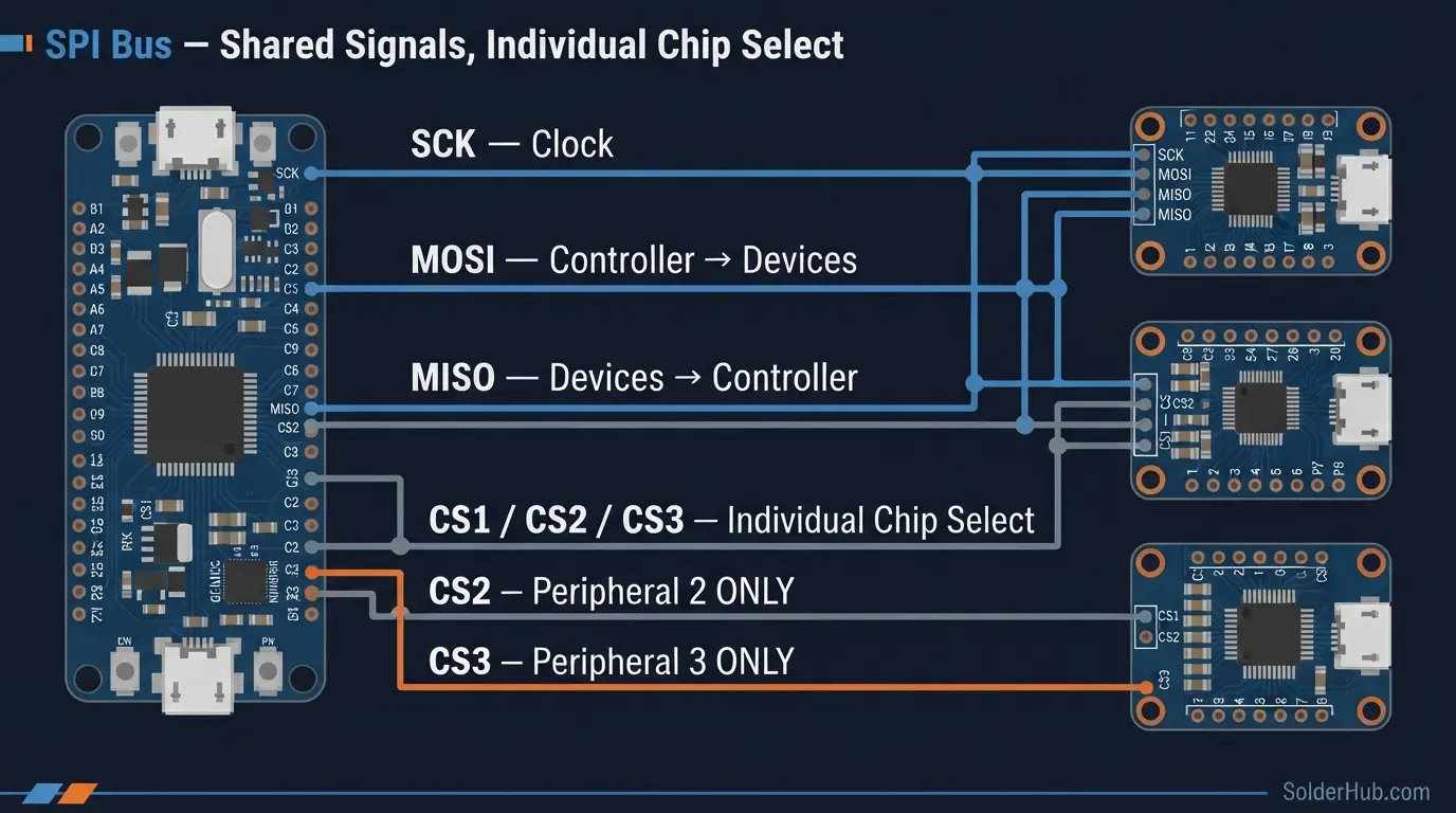An SPI bus: one microcontroller and multiple peripherals, each with its own chip-select line