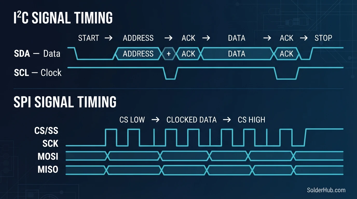 Signal timing compared: I2C's start condition, address and acknowledge bits vs SPI's chip-select and clocked data