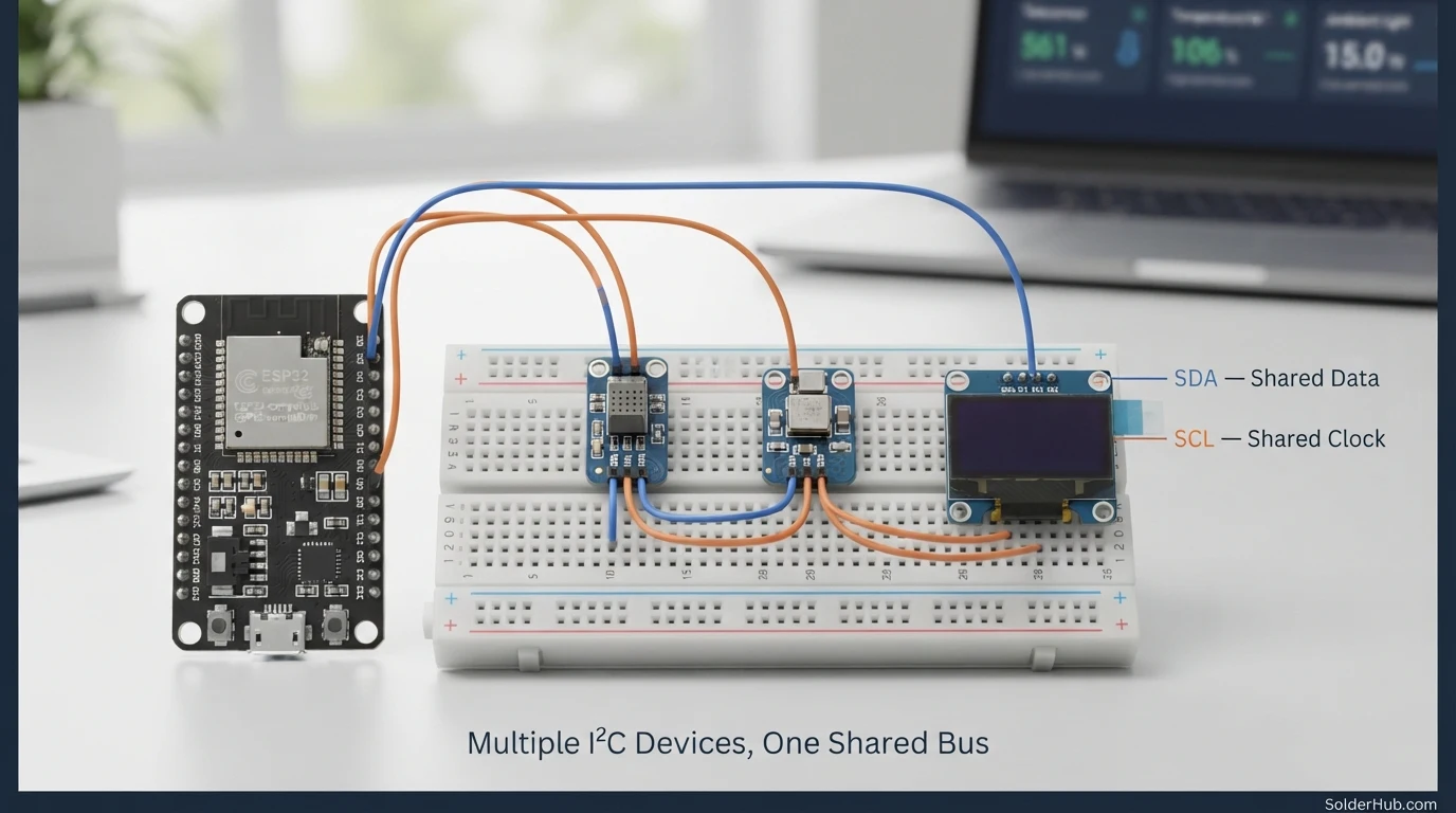 Multiple I2C sensors on one breadboard, all sharing the same two wires