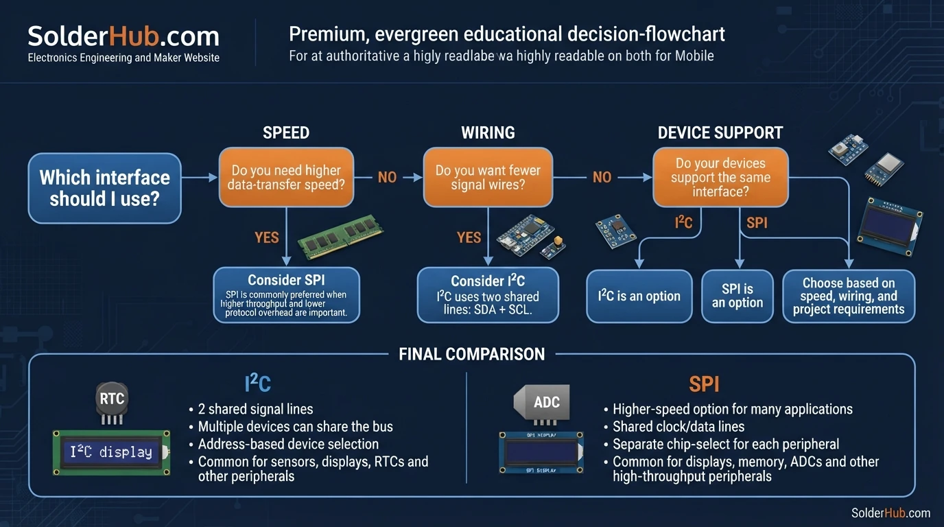 Decision flowchart: choosing between I2C and SPI based on speed, wiring and device support