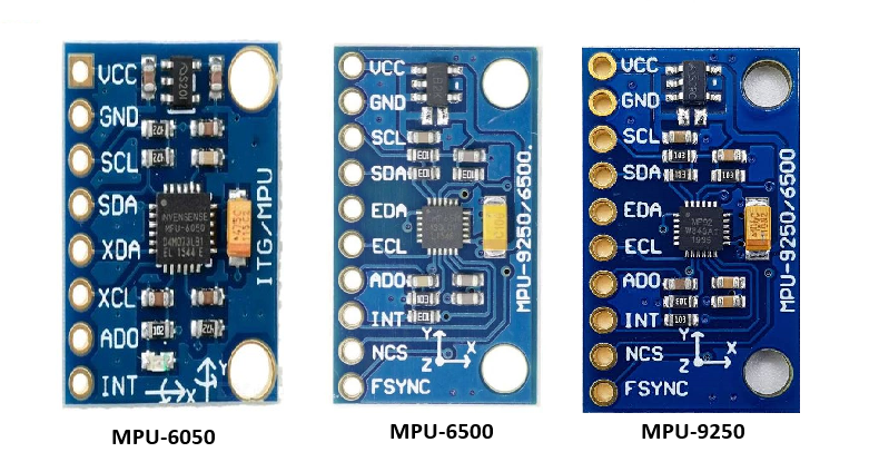 MPU-6050, MPU-6500 and MPU-9250 breakouts side by side. Note the middle and right boards are both silkscreened "MPU-9250/6500": the printed label does not tell you the chip, so read WHO_AM_I.
