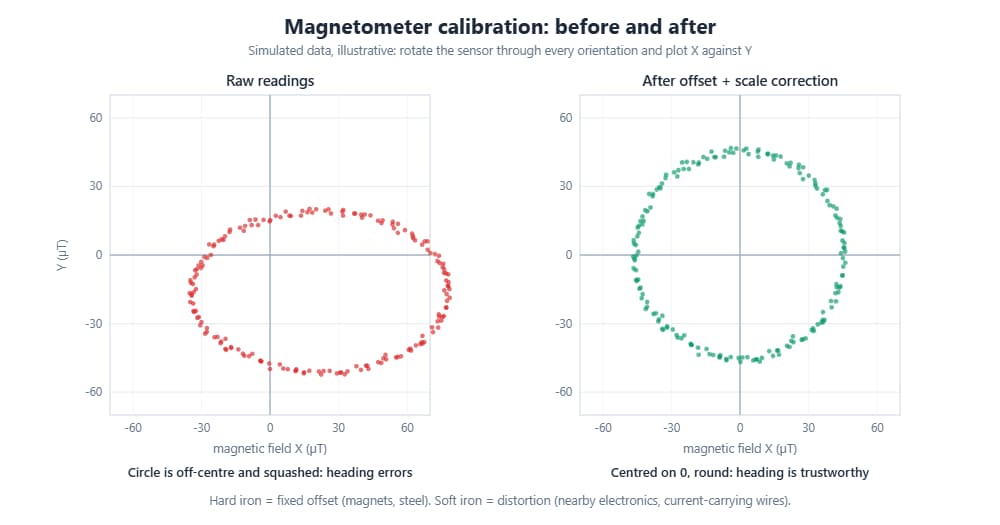 Magnetometer readings before and after calibration: hard-iron offset and soft-iron distortion turn a circle into an off-centre ellipse, and an offset plus per-axis scale correction restores it (simulated data)