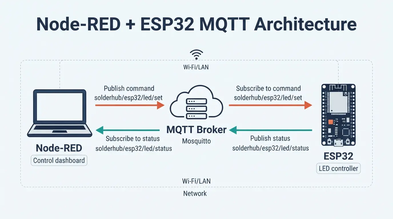 Node-RED and the ESP32 are both MQTT clients. The Mosquitto broker routes commands and status messages between them.