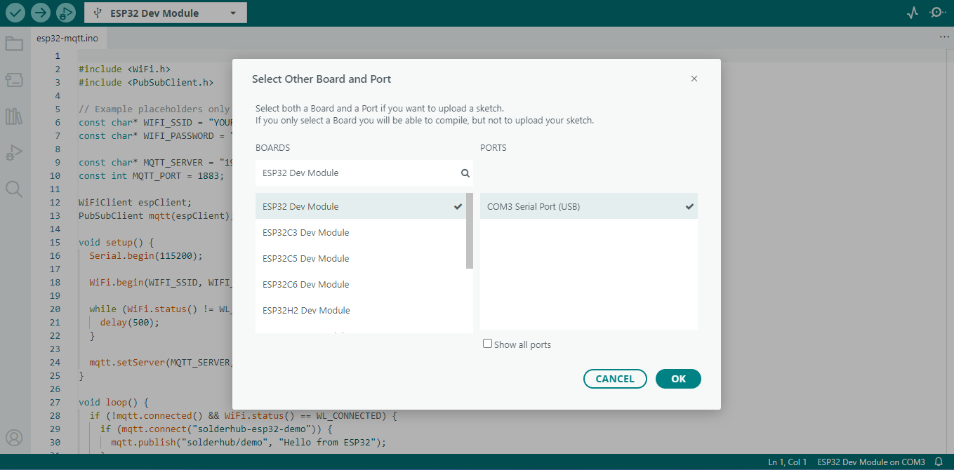 Select your ESP32 board and COM port in Arduino IDE before uploading.