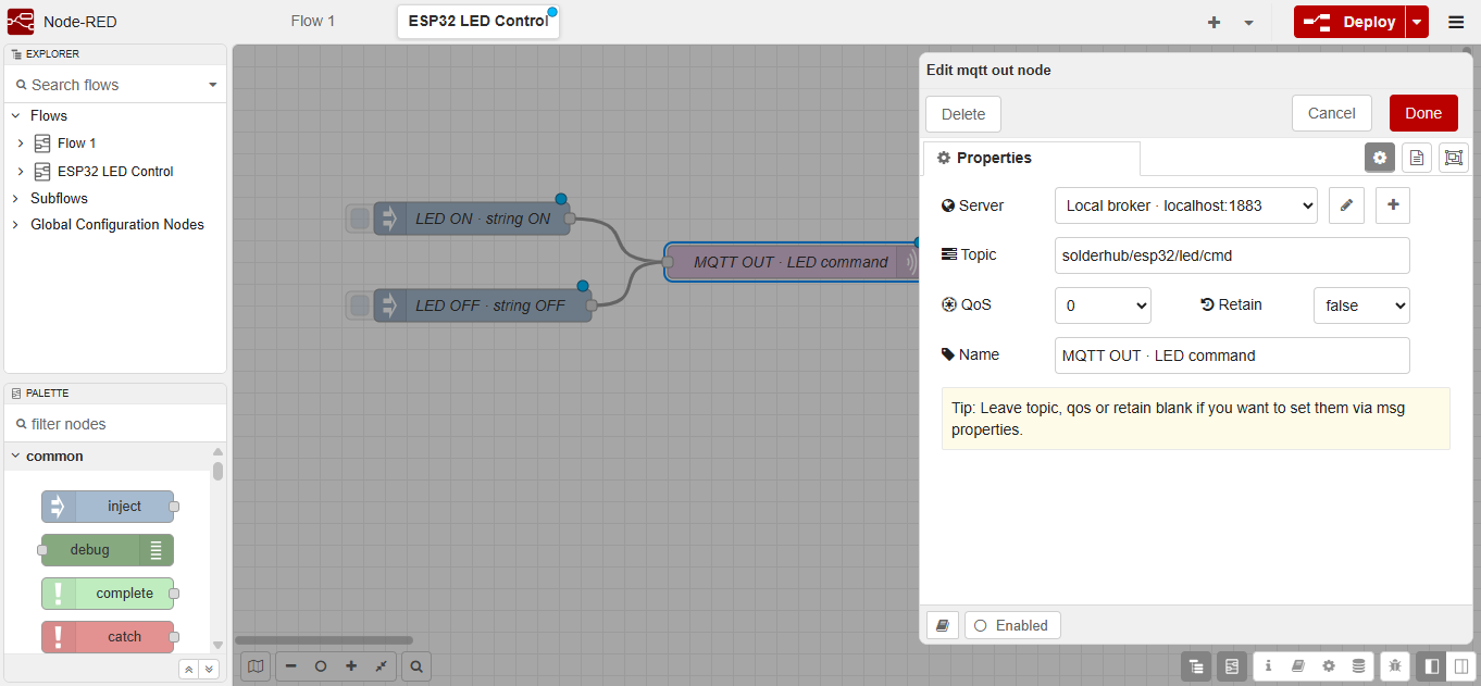 MQTT out node settings: choose your broker and set the command topic.